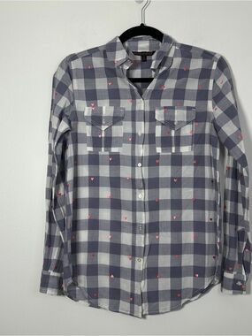 Victoria’s Secret XS Plaid Button Down Shirt Pink Heart Embroidery 100% Cotton